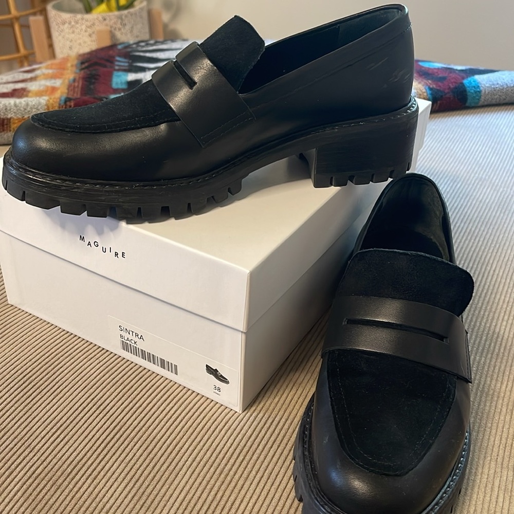 Women’s Black Loafers / Leather & Suede Penny Loafers by Maguire - Picture 2 of 8